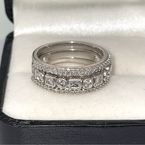 Solid Stamped 14K White Gold Natural Diamond Stacking Band Rings SET OF 3